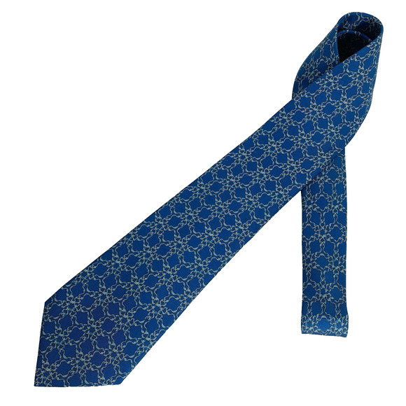 HERMES 100% Silk Tie 56”x3.5” Blue Gold Curly Ribbon on Blue 7726 Geometric EUC - Picture 2 of 5